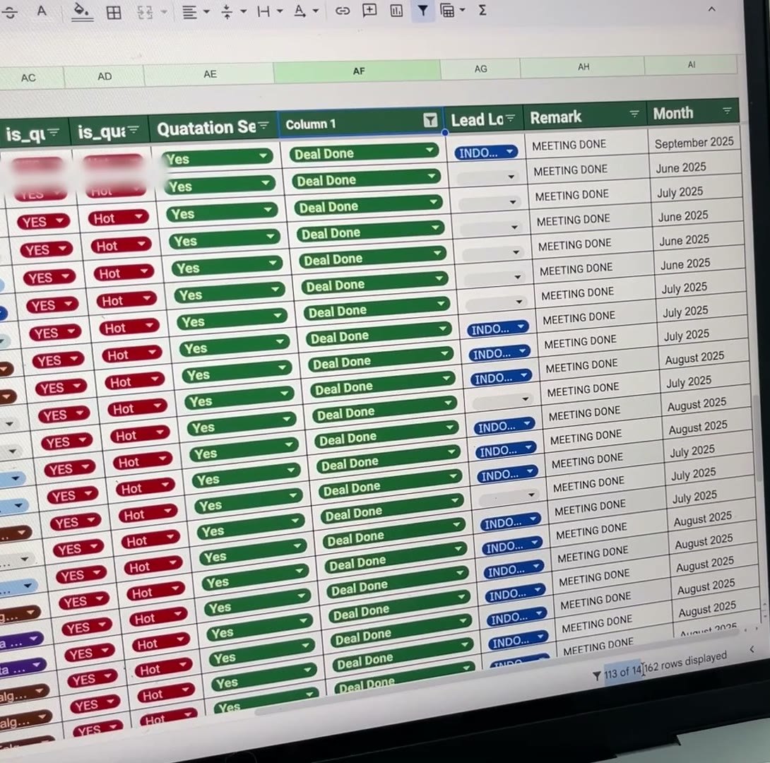 Lead tracking sheet filtered to Deal Done: 113 of 14,162 rows, all Hot leads with quotation sent and meeting done